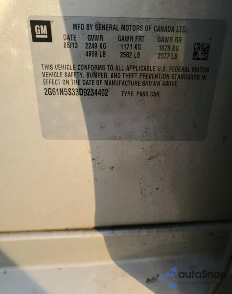 2013 Cadillac Xts из США, поврежденный, VIN 2G61N5S33D9234402